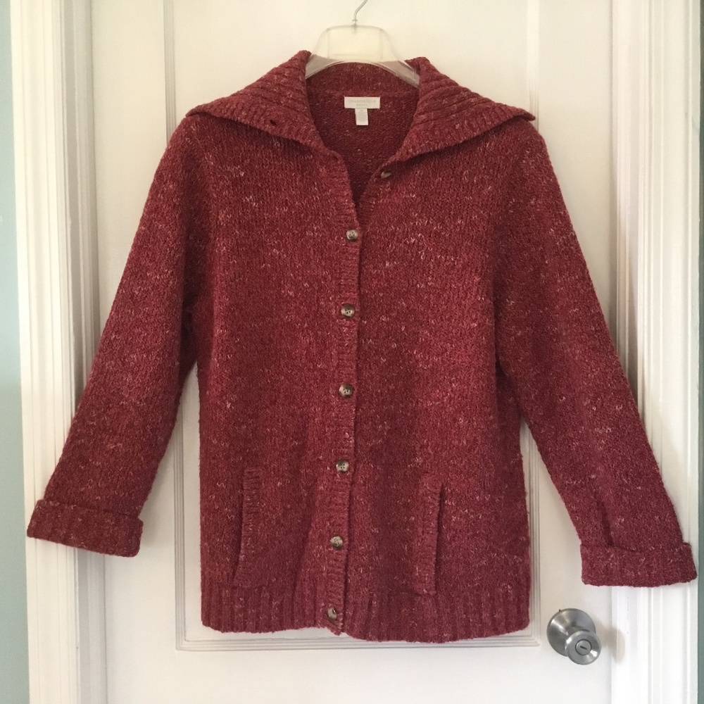 Charter Club woman red/multi color cardigan sweater, pockets, size 1X, Like New